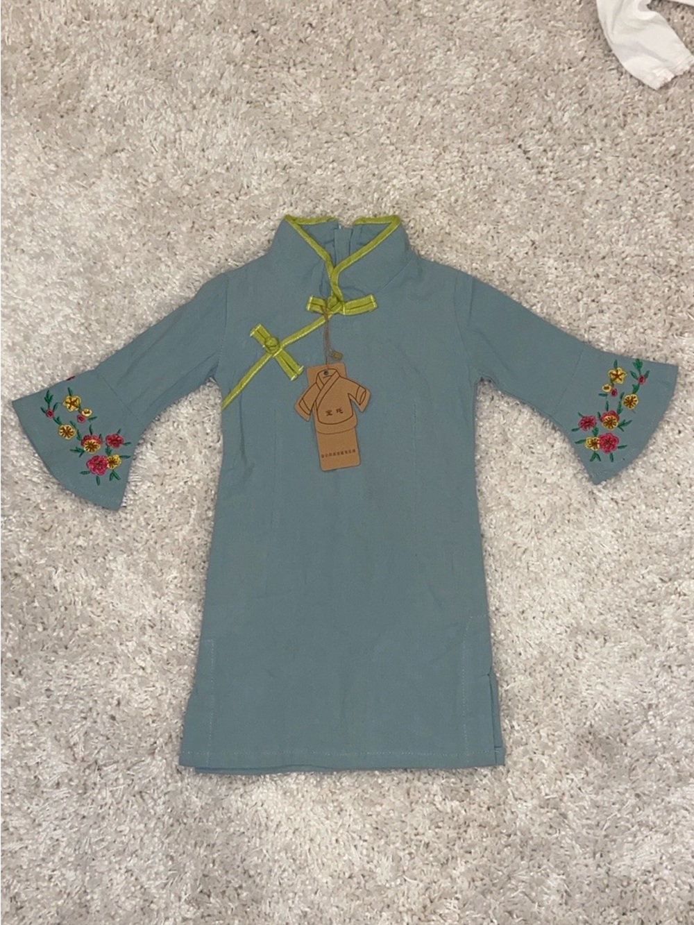 Girls' Blue Embroidered Cheongsam Dress with Green Trim